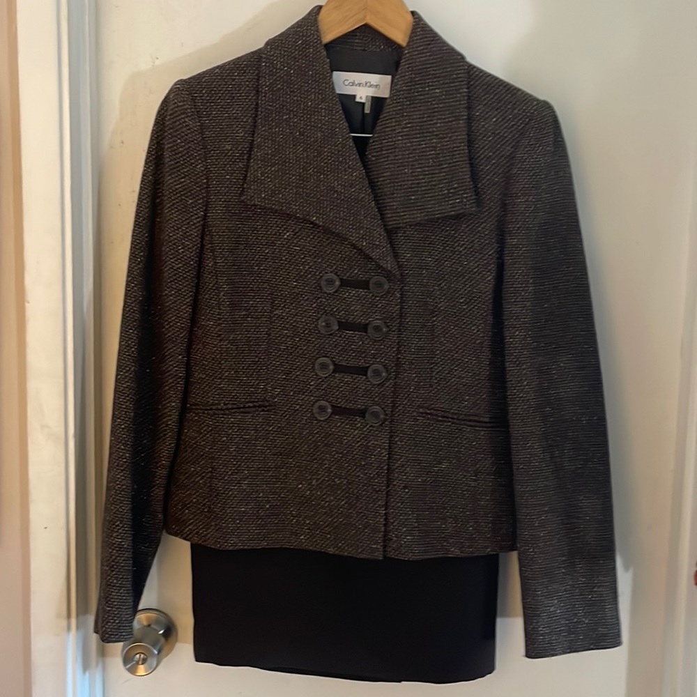 Calvin Klein Brown Tweed double breasted Suit with Skirt- Size 6